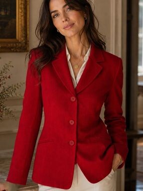 Red 100% Wool Blazer 4P Petite Tailored Fitted 3 Button Classic Jacket Office